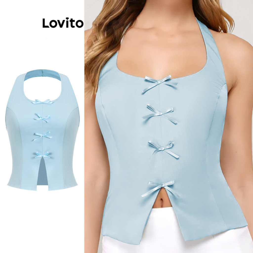 Lovito เสื้อกล้ามลำลองสไตล์ลำลองโบว์ธรรมดาด้านหน้าสำหรับผู้หญิง 102AD191