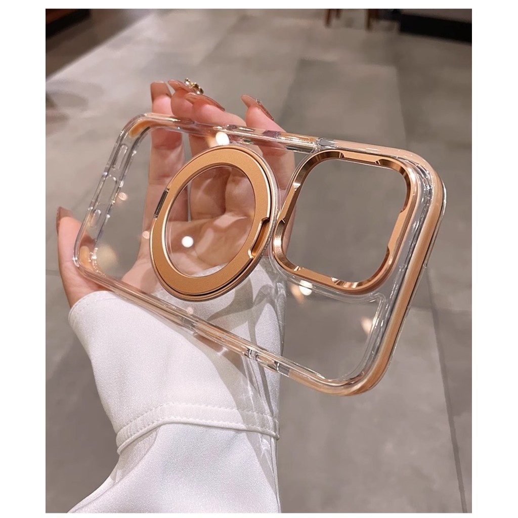 ทะเลทรายโกลด์ 360° หมุนยืนเคสโทรศัพท์แม่เหล็กสําหรับiphone 16 Pro Max 14 15 Pro Max 16Plusเลนส์โลหะปกป้องไร้สายชาร์จปลอกใสไม่มีเหลืองกันกระแทกปกแข็ง