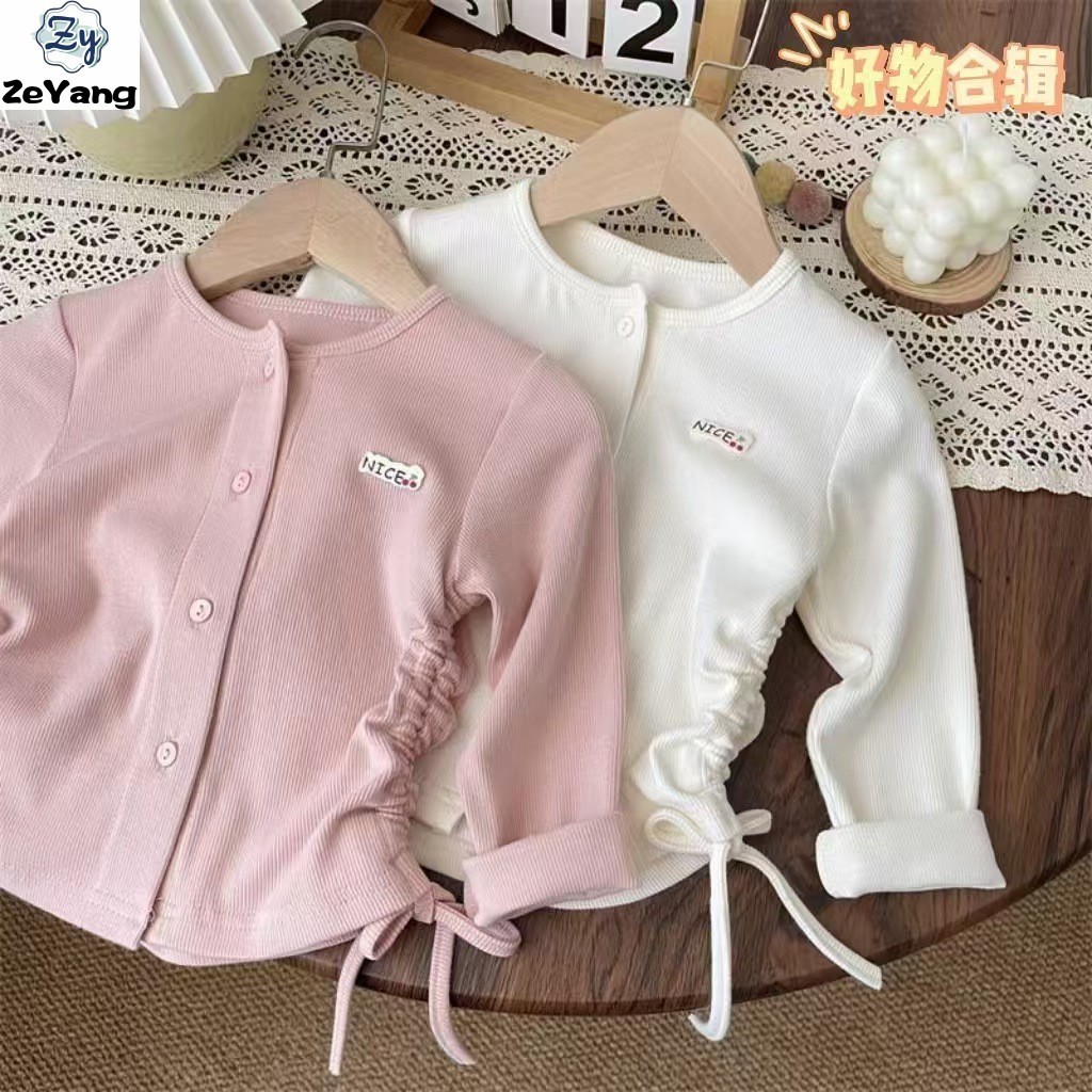 [ซี่] 70-150 พร้อมสต็อกเด็กลําลองแขนยาวเสื้อยืดคาร์ดิแกน เชือกรูด ฤดูใบไม้ร่วงฤดูหนาวเด็กสาวสีทึบ จุดต่ําสุด เสื้อ บาง @-