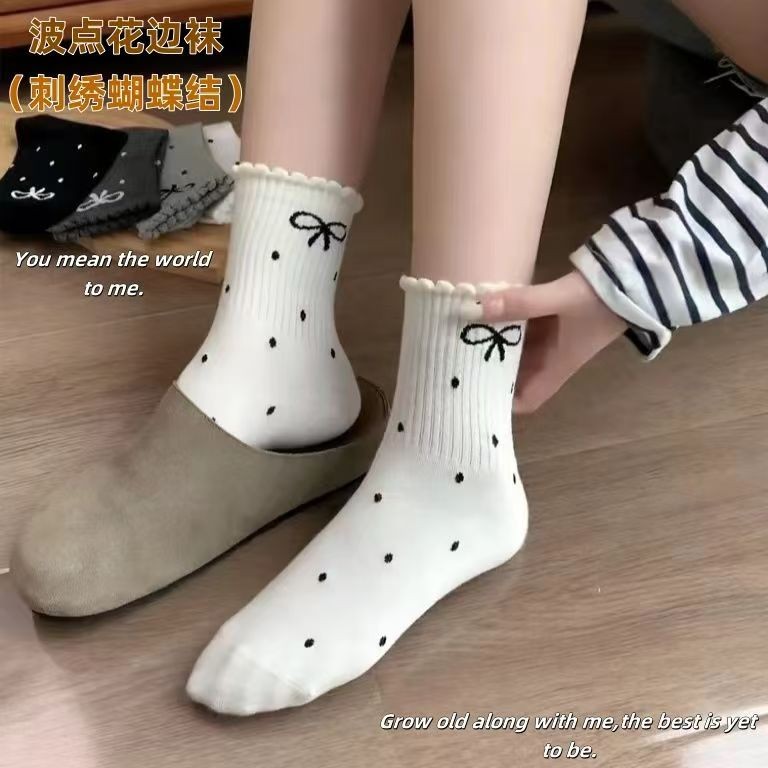 แฟชั่น Polka Dot Bow ฤดูใบไม้ผลิฤดูใบไม้ร่วงสไตล์ใหม่ถุงเท้ากอง ins ถุงเท้าผ้าฝ้ายกลางหลอดของผู้หญิง, ระงับกลิ่นกาย, ลูกไม้ญี่ปุ่นน่ารัก