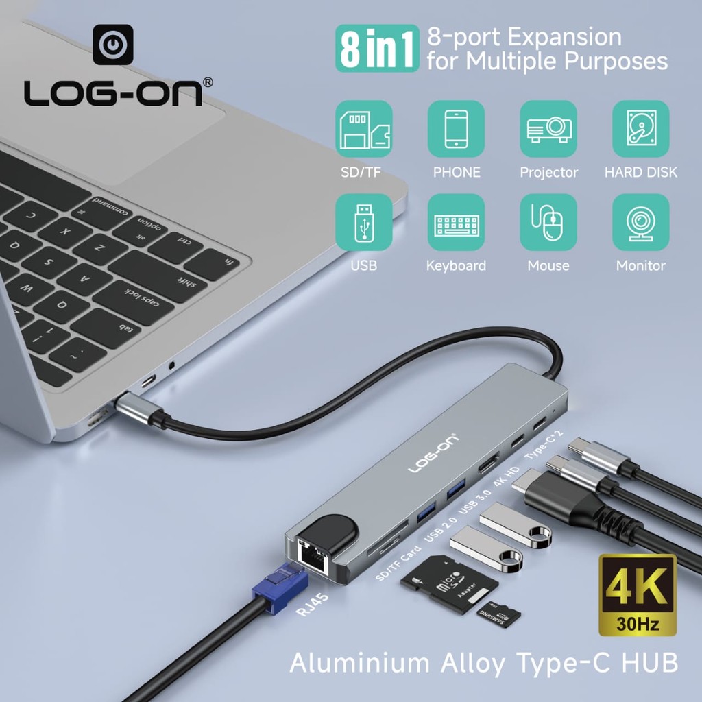 LOG ON 8in1 USB-C HUB Converter ถึง HDMI4K USB Micro SD การ์ด LO-HUB07 Dongle Ethernet RJ45