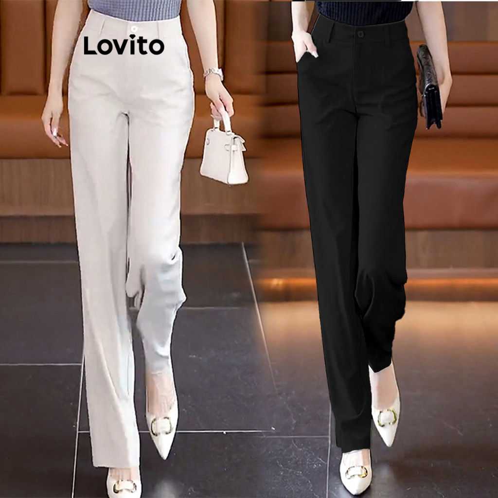 Lovito กางเกงผู้หญิง เบสิก มีกระเป๋า สีพื้น สไตล์ลำลอง LNM66051