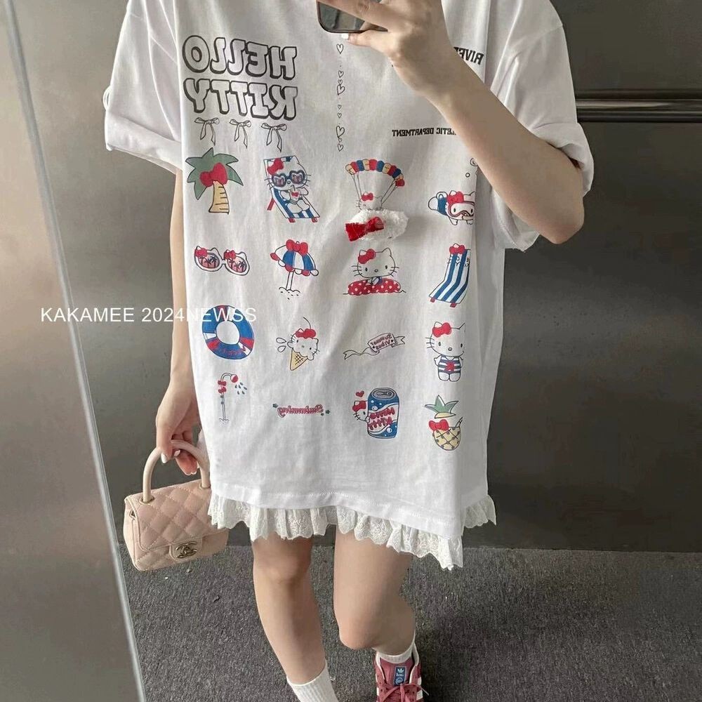ผู้หญิงคิตตี้พิมพ์แขนสั้นเสื้อยืดแฟชั่น ขนาดใหญ่เกินไป ยาวเสื้อ