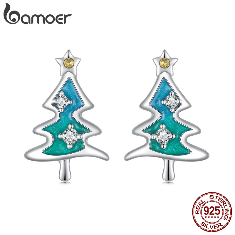 Bamoer 925 Sterling Sliver Stud ต่างหูเครื่องประดับต้นคริสต์มาสของขวัญสําหรับผู้หญิง