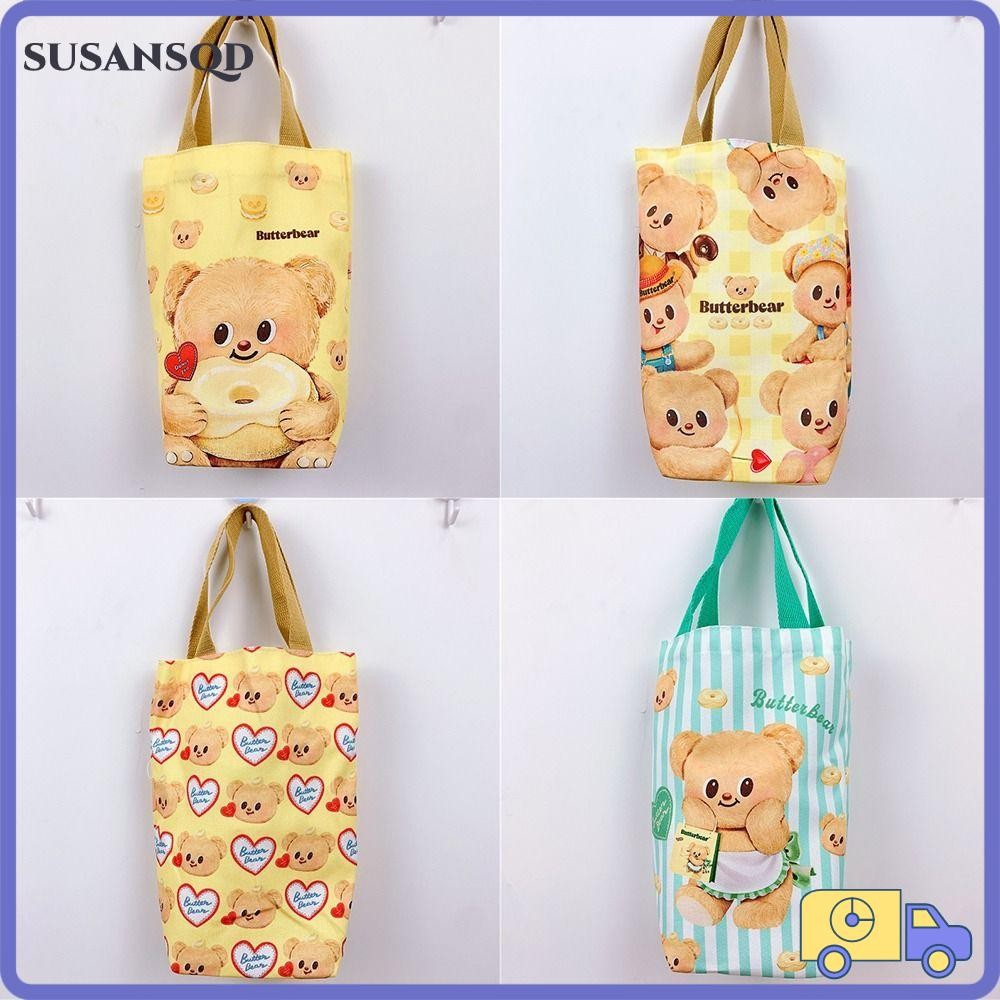 Susansqd กระเป๋าแขนถ้วย,ผ้าใบ Scratch-proof Butter Bear ขวดน้ํา,กระเป๋าใส่ขวดน้ําการ์ตูนแบบพกพาอุปกรณ์เสริม