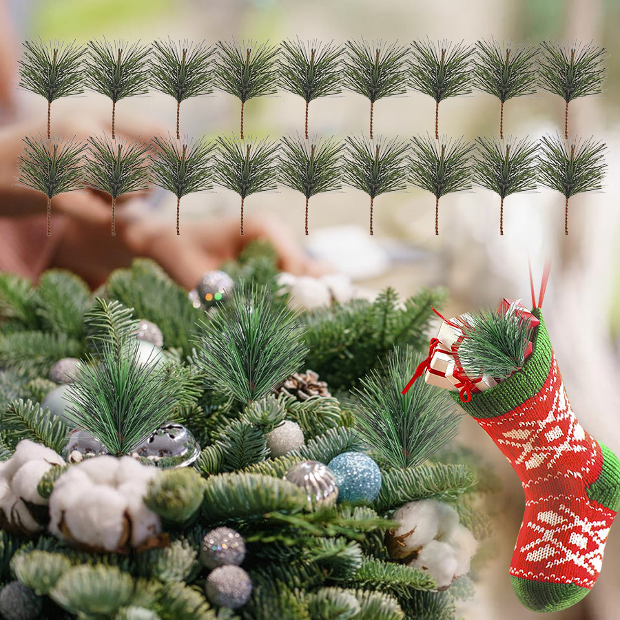 50/30/10pcs ประดิษฐ์สีเขียวสนเข็มสาขาขนาดเล็ก Pine Twigs Stems Pick ปลอม Greenery Pine Picks สําหรับคริสต์มาส Garland พวงหรีดปักและบ้านวันหยุดตกแต่งสวน