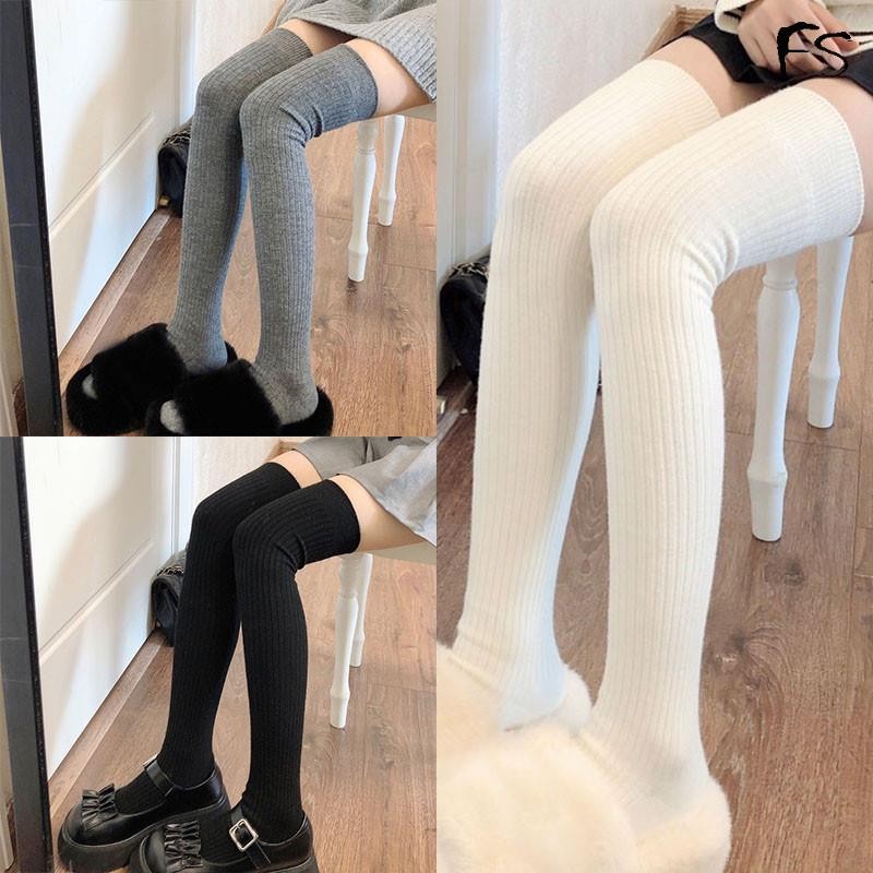 Wool Socks Woman Autumn/Winter Solid Color Thigh High Medias Lolita Thick Warm Stockings Black White Long Leg Socks for Female