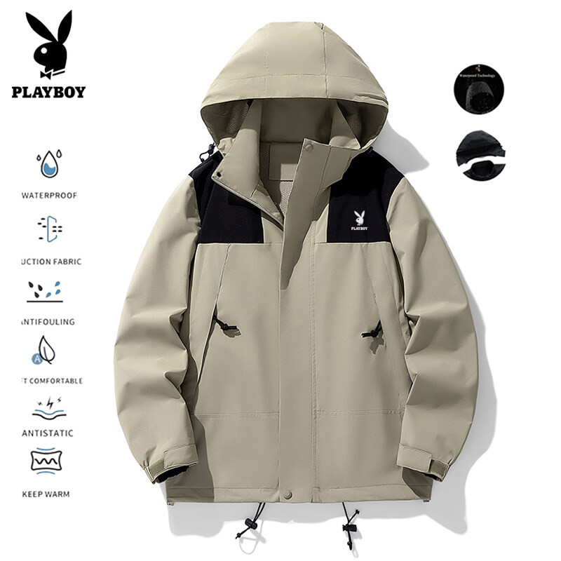 เพลย์บอยกลางแจ้งเสื้อผู้ชายฤดูใบไม้ร่วงชุดลําลองสีจับคู่เดินทางสวมทนกีฬาเสื้อกันหนาวหมวก