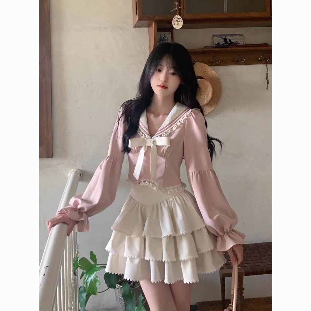 โดปามีน ชุดสีชมพูสไตล์หวานต้นฤดูใบไม้ร่วงผู้หญิงสวมใส่กระโปรงสูทโบว์ฝรั่งเศสฤดูใบไม้ร่วง