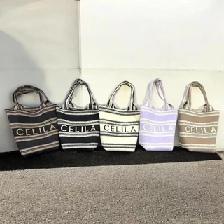 【พร้อมส่ง】miss bag fashion กระเป๋าช๊อปปิ้งไฮโซทอลายริ้ว กระเป๋าทรงสวย