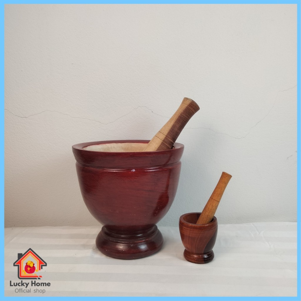 ครกไม้ พร้อม สากไม้ ขนาด 3นิ้ว - 10นิ้ว เนื้อไม้จามจุรี ไม้แข็งทนทาน  ครกส้มตำ ครก