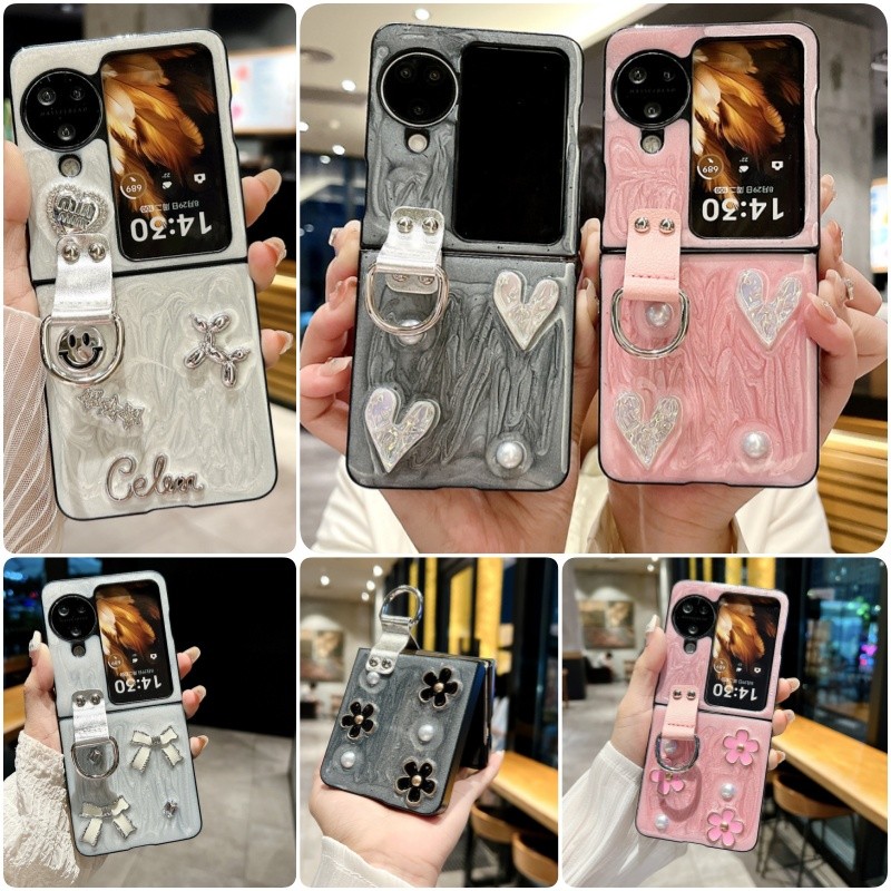 น่ารัก 3D ดอกไม้ Loveheart แหวนหัวเข็มขัด Hard Case OPPO Find N3 N2 Flip Casing สุนัขน่ารักกันกระแทกฝาหลัง