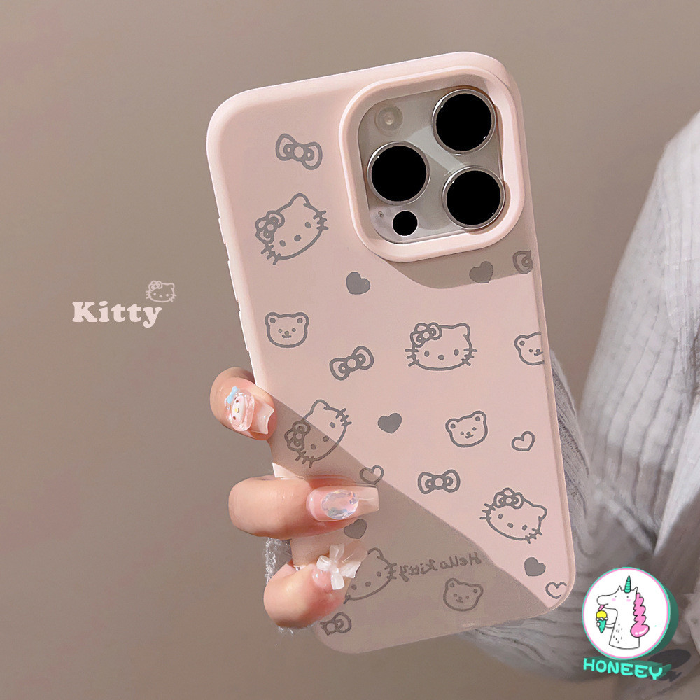 เกาหลี Girly Hello Kitty Cat สีชมพูซิลิโคนเหลว Matte เคสโทรศัพท์สําหรับ IPhone 15 16 14 13 12 Pro Max 16 Plus กรอบยืดหยุ่นลื่นกันกระแทกนุ่มปกหลัง