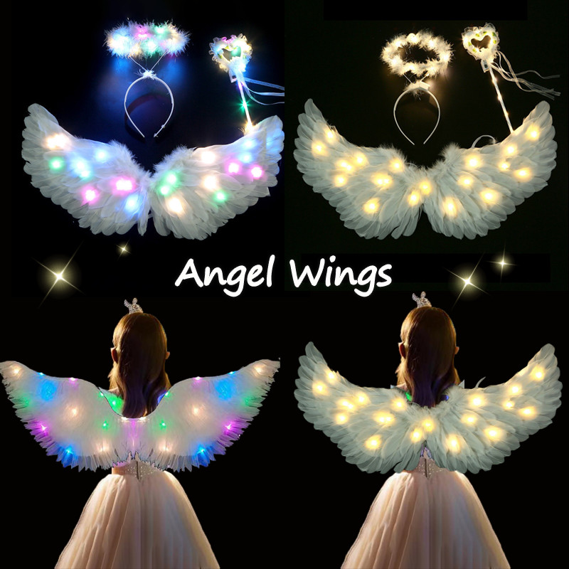 💕COD💕ปีกนางฟ้า Angel Wings LED Glow รวมที่คาดผมไม้กายสิทธิ์และปีกขนนก สีขาว เรืองแสง ผู้ใหญ่ เด็ก อุปกรณ์ประกอบฉาก