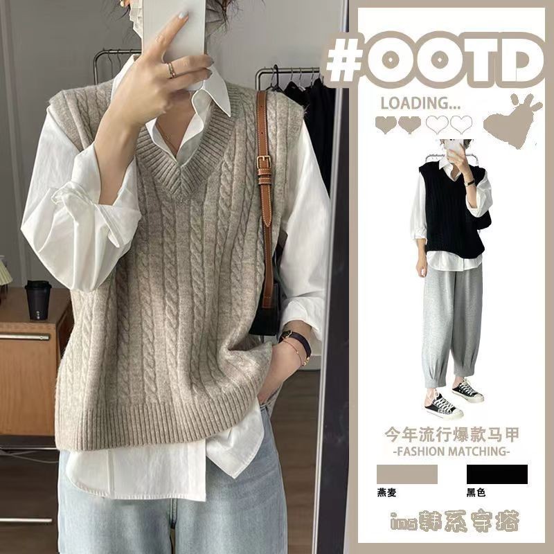 เสื้อกั๊กสไตล์ใหม่เสื้อกันหนาวหลวมขนาดใหญ่ถักคอวีเสื้อกั๊กแขนกุดด้านบน
