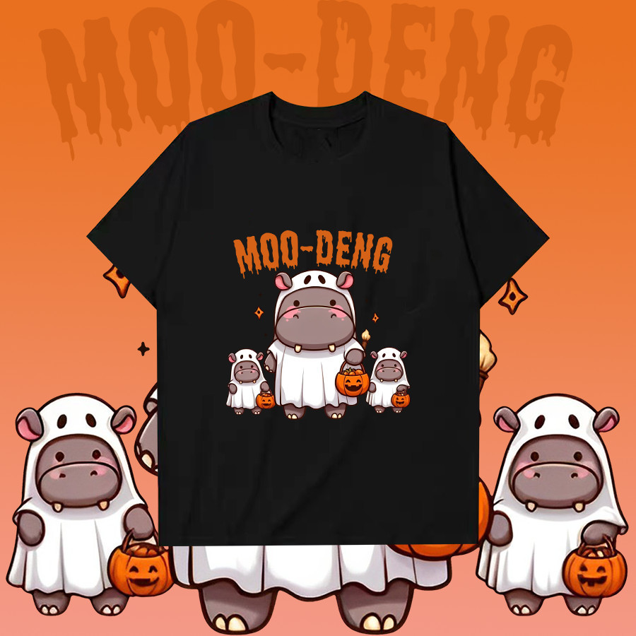 😺   ใหม่ เสื้อ MOO-DENG Moodeng hippo หมูเด้ง&Halloween T-shirt ชุดฮาโลวีน ผ้าฝ้ายแท้ 100% ราคาถูก แ