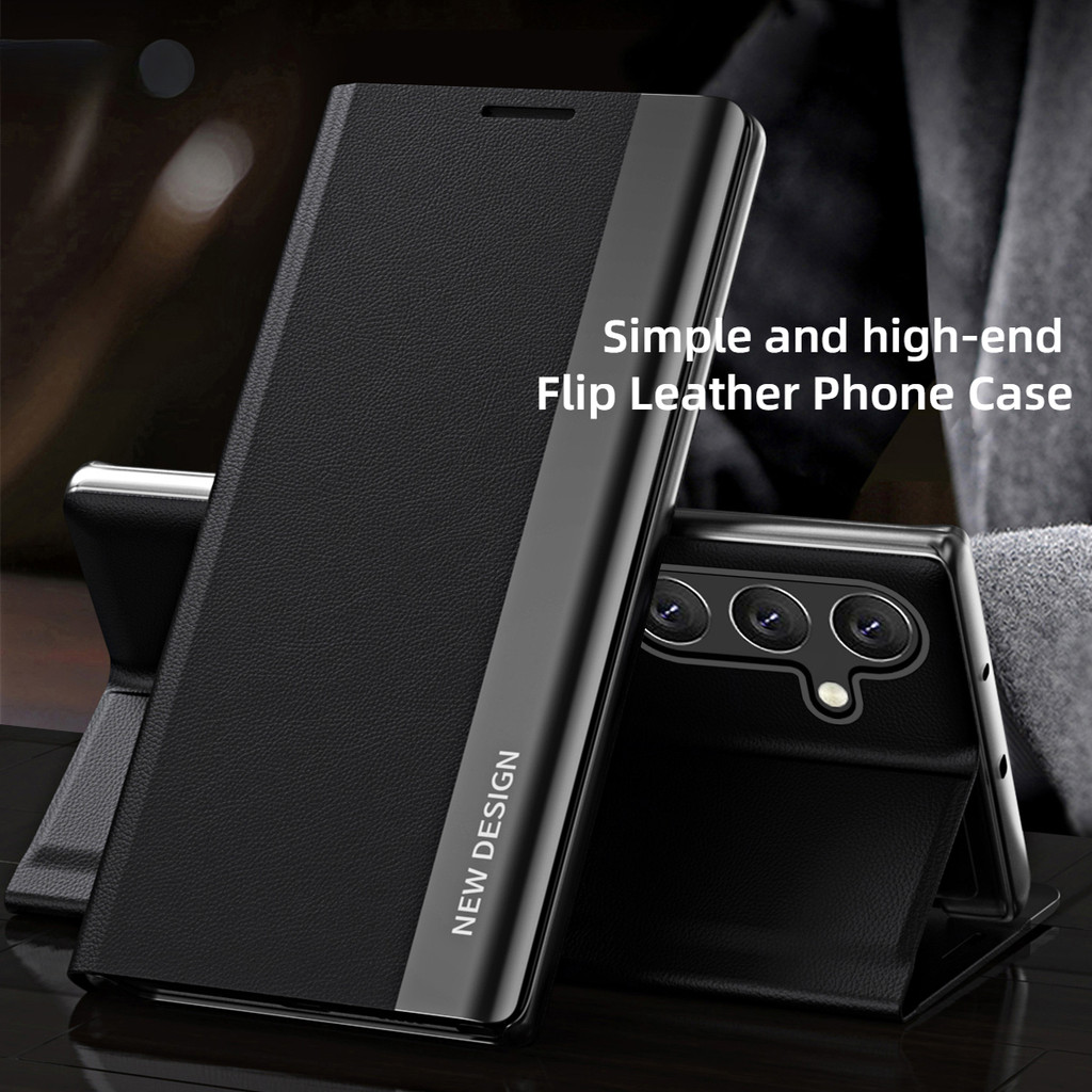 Flip หนังเคสโทรศัพท์สําหรับ Samsung Galaxy S24 Plus Ultra FE SamsungS24 กันกระแทกปลอกแข็งที่มองไม่เห็นยืนผู้ถือขาตั้งฝาหลัง