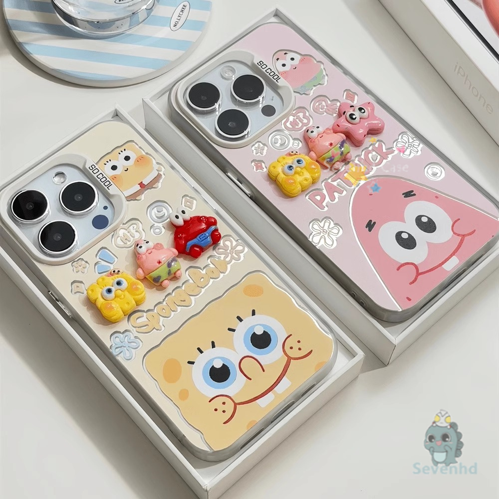 ปลอกสําหรับ iphone 11 6 6s Plus 16 15 14 13 12 Pro Max 8 7 Xr X Xs Max คู่รัก case การ์ตูนน่ารัก SpongeBob Patrick Star เคสโทรศัพท์ + 3D DIY ตุ๊กตาหรูหราชุบกันกระแทกปกหลังป้องกัน