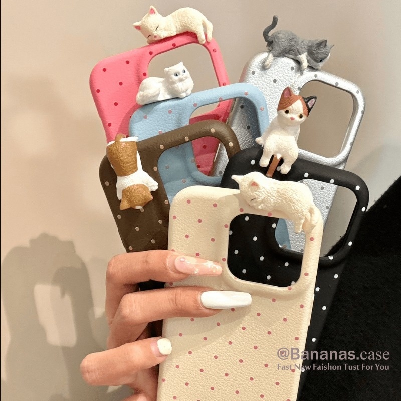 IPhone 17 16 15 14 13 12 11 Pro Max X Xr Xs Max เคสโทรศัพท์ 3D DIY แมวสีลูกกวาดวงกลมจุดหนังนุ่มปกหลัง