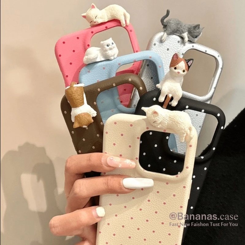 IPhone 17 16 15 14 13 12 11 Pro Max X Xr Xs Max เคสโทรศัพท์ 3D DIY แมวสีลูกกวาดวงกลมจุดหนังนุ่มปกหลัง
