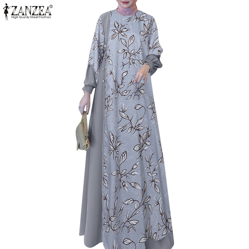 ZANZEA ซานเซีย ผู้หญิงมุสลิมรอบคอพิมพ์เย็บปะติดปะต่อกันแขนโคมไฟชุดหลวม