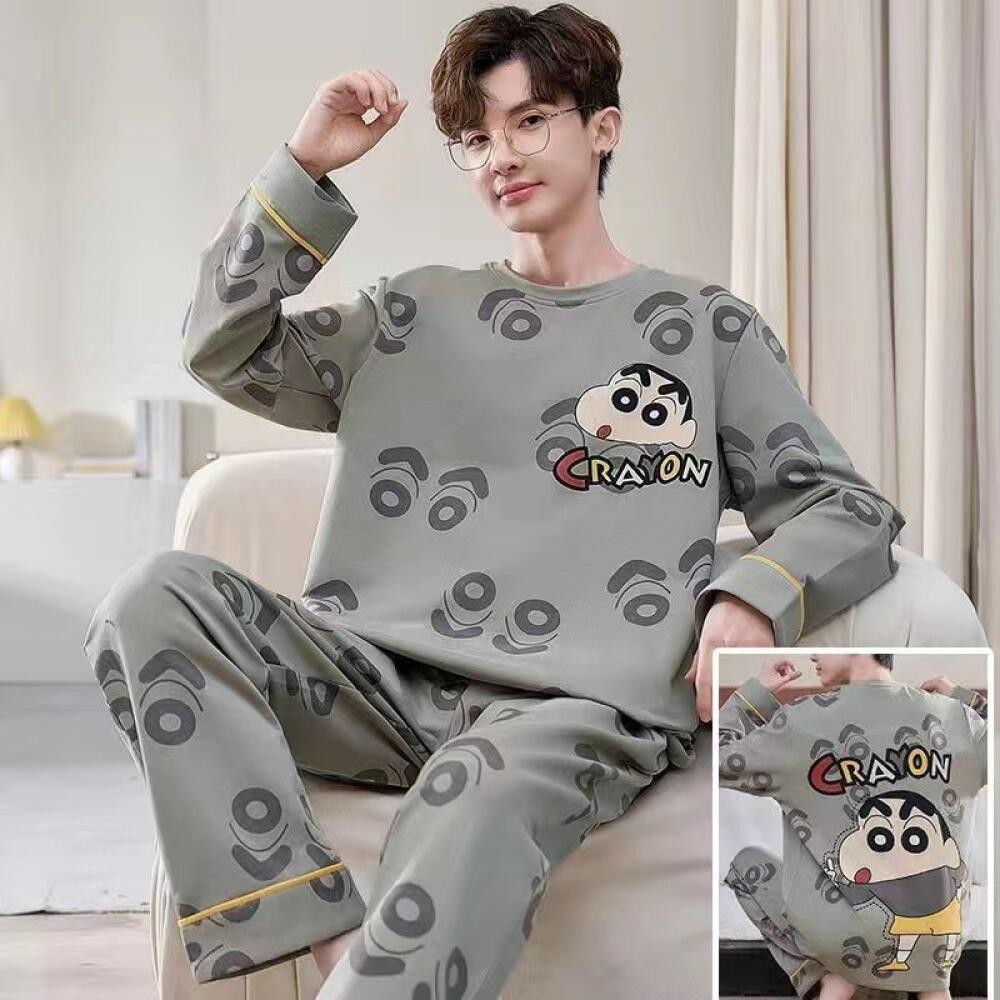 ผู้ชายขนาดบวก ม-xxxl แฟชั่นการ์ตูน คอกลม เสื้อสวมหัวแขนยาวกางเกงสามารถสวมใส่ชุดนอนบ้านเสื้อผ้า2ชิ้น