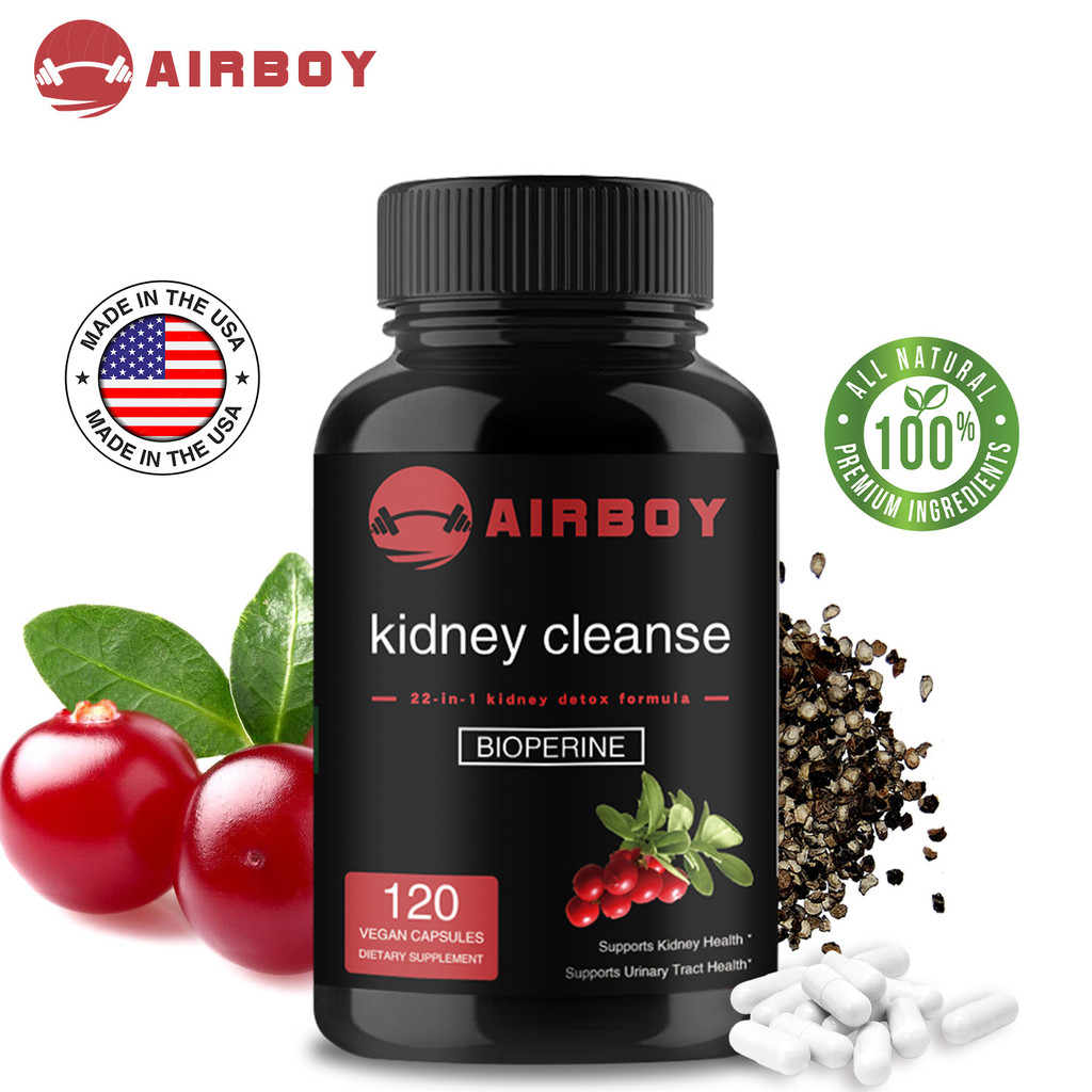 Airboy Kidney Cleanse ดีท็อกซ์ แอนด์ รีแพร์ | อาหารเสริมสุขภาพไต | สารสกัดจากแครนเบอร์รี่พร้อมไบโอพีรีนสําหรับการดูดซึมเพิ่มขึ้น | Kidney & Urinary Tract Support & Flush Formula