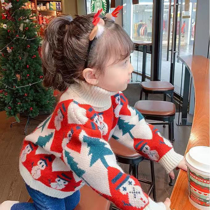 เสื้อผ้าคริสมาสต์เด็กผู้หญิงเสื้อคริสมาสต์เพิ่มความหนาใหม่ผู้หญิงเสื้อสไตล์ตะวันตกเสื้อเด็กคอเต่าสวมหัวเสื้อฤดูหนาว