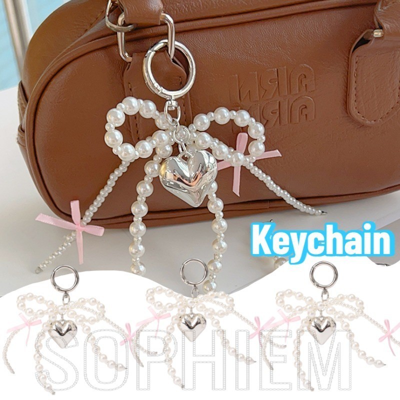 พวงกุญแจโบว์ลูกปัดมุก - กระเป๋า, ตกแต่งเคสโทรศัพท์แขวน - ของขวัญสําหรับเพื่อน, คู่รัก - พวงกุญแจจี้หัวใจรัก 3ง - แฟชั่น, หวานเย็น, ย2เค