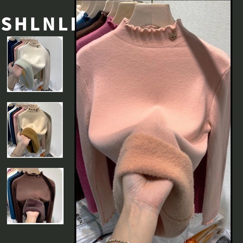 ฤดูใบไม้ร่วงฤดูหนาวหนาอบอุ่นหูไม้เสื้อกันหนาวผู้หญิงครึ่งคอสูงชิ้นเดียวกํามะหยี่ถักด้านบน