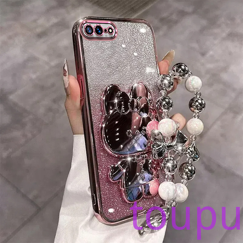 เคส iphone 7 plus 8 plus 6 plus 6s plus 7 8 6 6s SE 2020 กรณีโทรศัพท์หรูหราน่ารักกระต่ายแต่งหน้ากระจกใส Glitter กรณีโทรศัพท์ใสพร้อมสร้อยข้อมือเชือกขนาดเล็ก กรณีโทรศัพท์ iphone 7 plus 8 plus 6 plus 6s plus 7 8 6 6s SE 2020