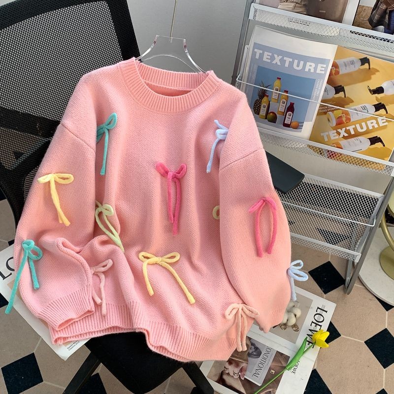 เสื้อกันหนาวโบว์ เสื้อไหมพรมด้านบนน่ารักอ่อนโยนแฟชั่นสไตล์ใหม่