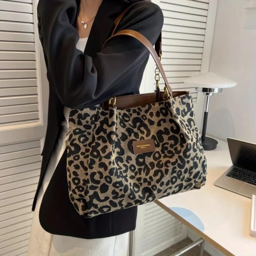 Easts Tote Bag กระเป๋าสะพายผ้าแคนวาสลายเสือดาว กระเป๋าใต้วงแขนความจุขนาดใหญ่แบบลําลอง ผู้หญิง