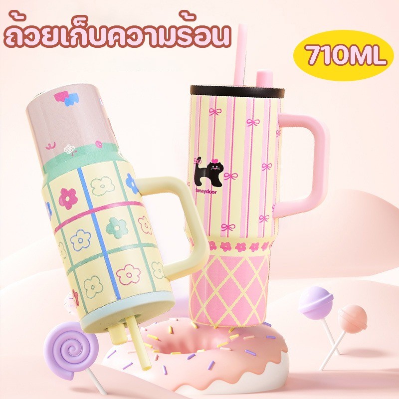 ใหม่ 710ML แก้วเยติ รูปแบบการ์ตูน 316 สแตนเลส พร้อมที่จับ ความจุขนาดใหญ่ ถ้วยเก็บความร้อน