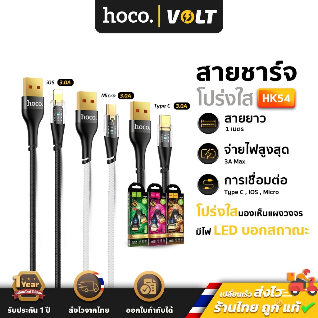 Hoco HK54 สายชาร์จ สำหรับ iOS / Micro / Type-C จ่ายไฟ 3A ยาว 1 เมตร มีไฟ LED หัวโปร่งใส เห็นแผงวงจร สายชาร์จถัก [hc7]