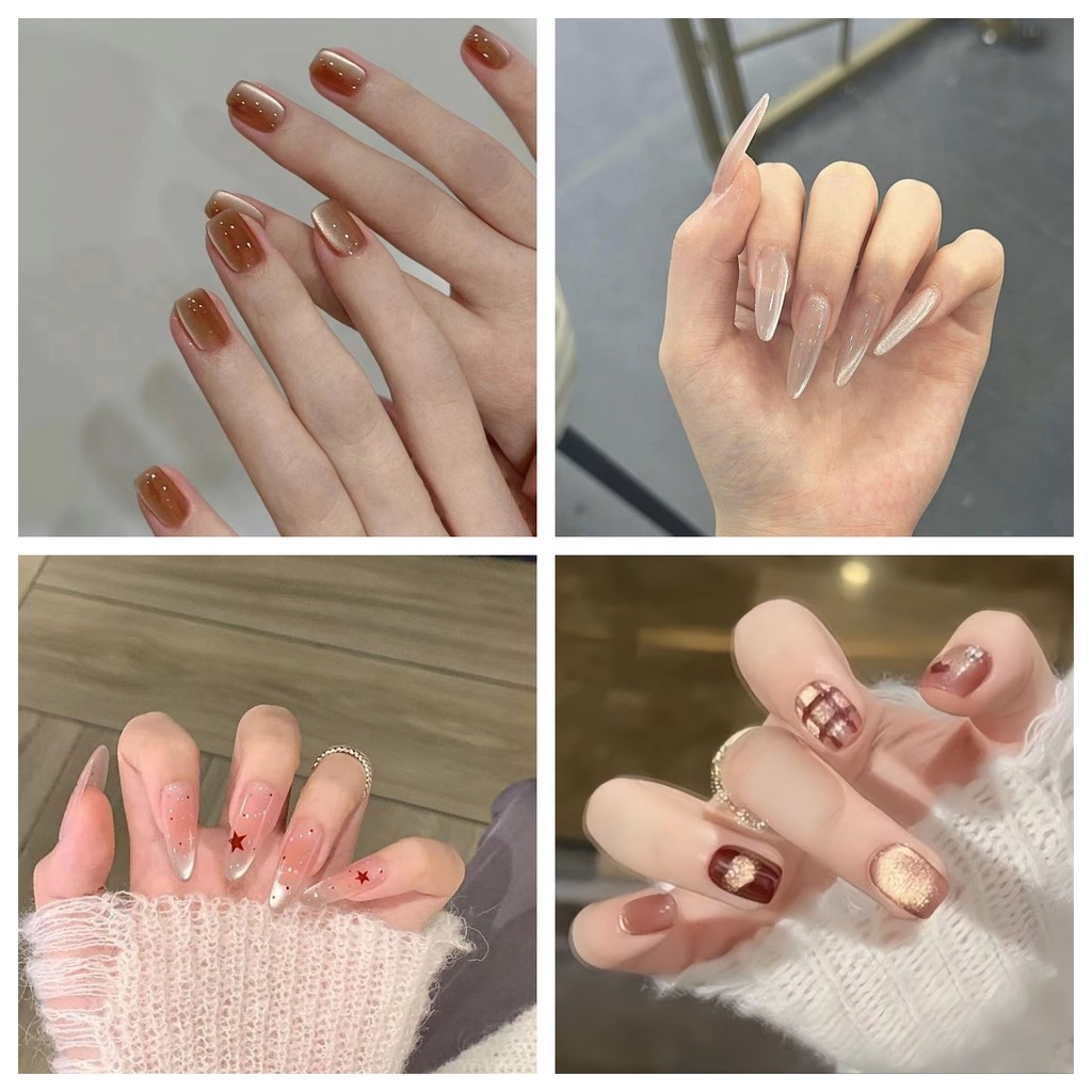 10 ชิ้น/เซ็ต Handmade ชุดเล็บปลอมพร้อมกาว Cat Eye เล็บปลอม