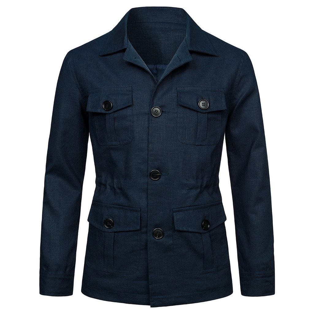 2025Spring New Style Turn-Down Collar Multi-Pocket Workwear Jacket Men's Casual Linen Trench Coat NPFO