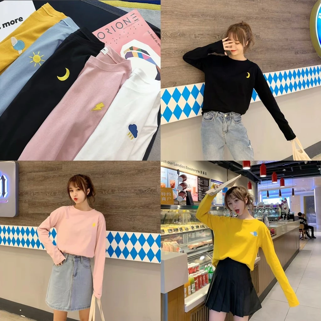 ✨Fairy style✨ เสื้อยืดคอกลม แขนยาว ลายปัก Day & Night ผ้านุ่มใส่สบาย เสื้อลำลองแฟชั่น 🍑✨ #9962