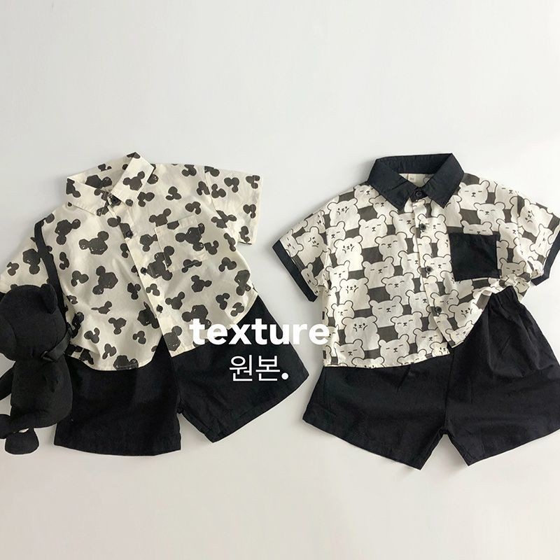 ชุดสูทเด็กชายแขนสั้น ลายการ์ตูนหมี พิมพ์ลายสวยงาม ผ้าฝ้ายแท้ สไตล์เกาหลี สำหรับฤดูร้อน