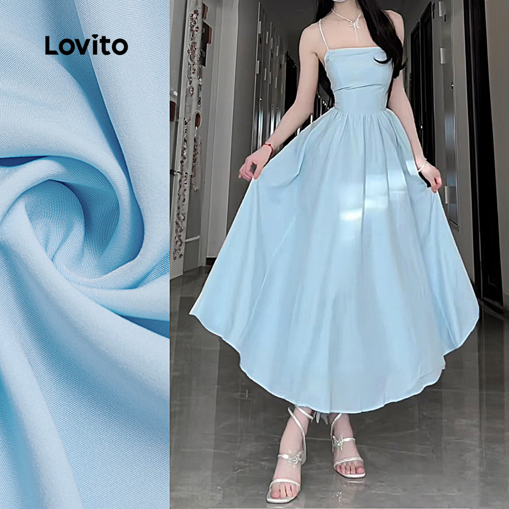 Lovito ชุดราตรียุคสมัย รวมซิป สัมผัสนุ่ม สไตล์ฤดูใบไม้ผลิ/ฤดูร้อน สีฟ้า L137LD097