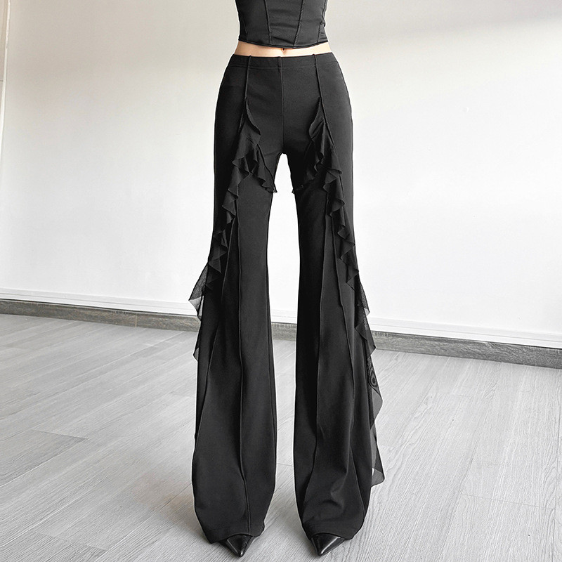 WEANIA Side Cascading Pleated Design กางเกงขาบานสีดํา