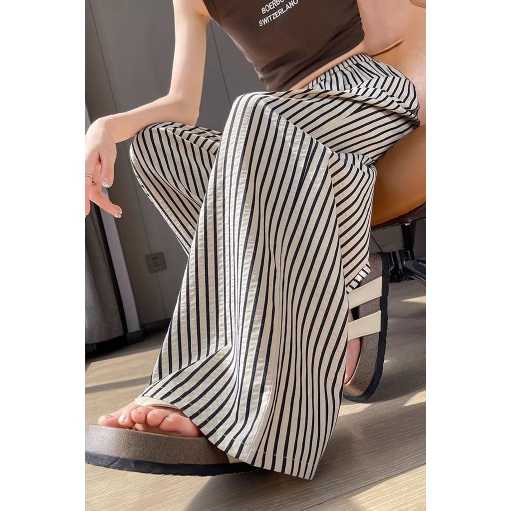 [กางเกง ขนาดใหญ่เกินไป] (40-150กิโลกรัม) ผู้หญิงสีดําและสีขาวลายผ้าไหมน้ําแข็ง พาลาซโซ กางเกงฤดูร้อนเอวสูงไหลเลานจ์กางเกงระบายความร้อนและระบายอากา