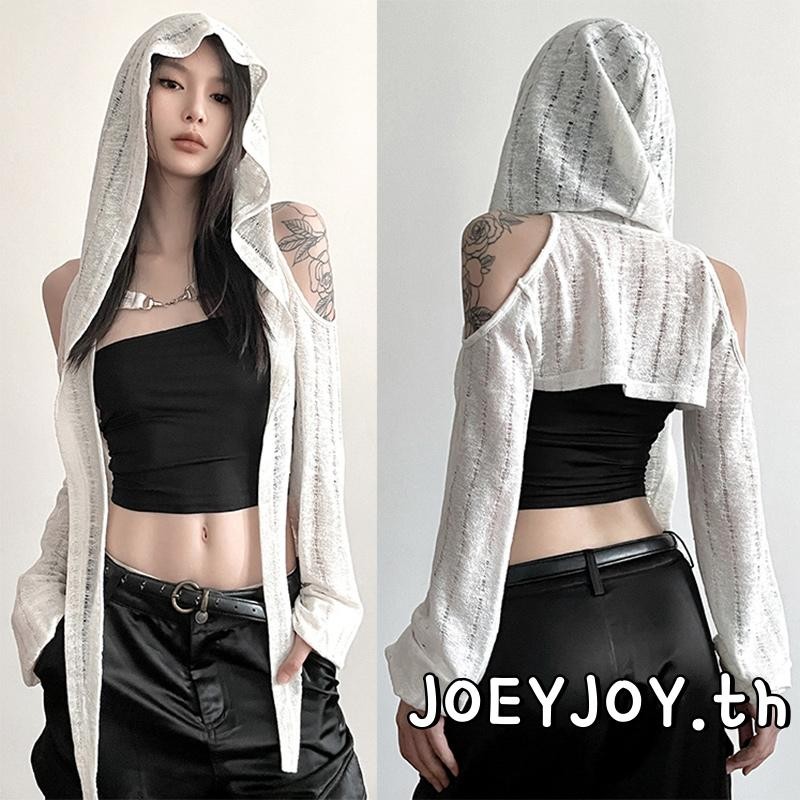 เสื้อคลุมคาร์ดิแกนกันแดดแขนยาวแต่งหัวเข็มขัดโลหะแบบกลวงสำหรับผู้หญิง สินค้าคงคลังในประเทศไทย