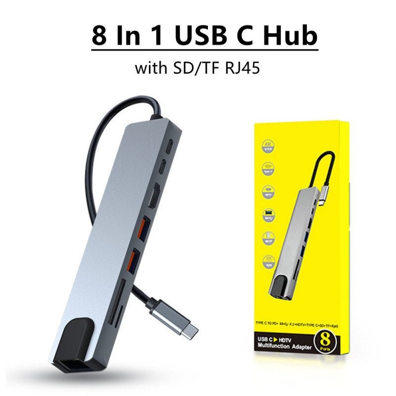 ฮับ USB C 8 ใน 1 พร้อมเครื่องอ่านการ์ด RJ45 SD/TF ประเภท C 3.1 To4 Y9NG