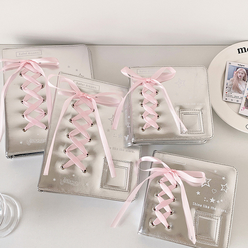 Ballet Silver Leather PU อัลบั้มหลวมบัลเล่ต์ลูกไม้เข็มขัด Star Chasing Photocard Storage Book 10 ซม.สมุดการ์ดโพลารอยด์