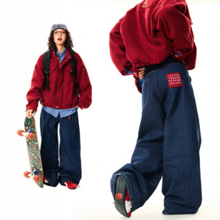 กางเกงยีนส์สไตล์อเมริกันย้อนยุค สีน้ำเงินเข้ม ขากว้าง มีลายป…