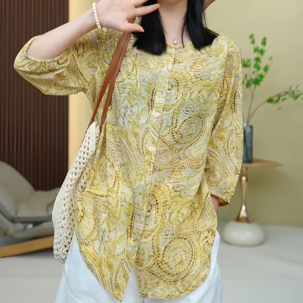 เสื้อพิมพ์ลายผู้หญิงแขนกลาง คอกลม สไตล์ใหม่ ม-XXXL ทรงหลวมกระชับสัดส่วน
