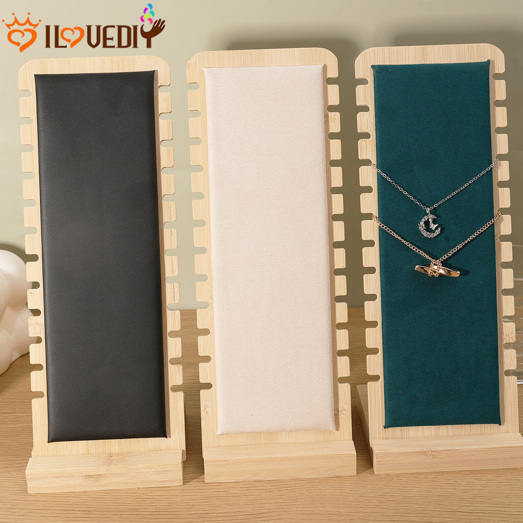 [HGB]ขาตั้งสร้อยคอไม้ไผ่ 2 ชิ้น | ที่จัดระเบียบเครื่องประดับกํามะหยี่-เส้น | Compact Size (สีเบจ/ขาว