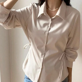 เสื้อเชิ้ตลำลองสตรี สไตล์นักธุรกิจ แขนยาว คอกลม มีสายผูกที่เอว ใส่ง่ายสำหรับทุกโอกาส