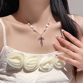 สร้อยคอมุก จี้ประดับโบว์ น่ารักหวาน สไตล์เกาหลี เข้ากับทุกชุด ของขวัญเครื่องประดับแฟชั่น สําหรับผู้หญิง